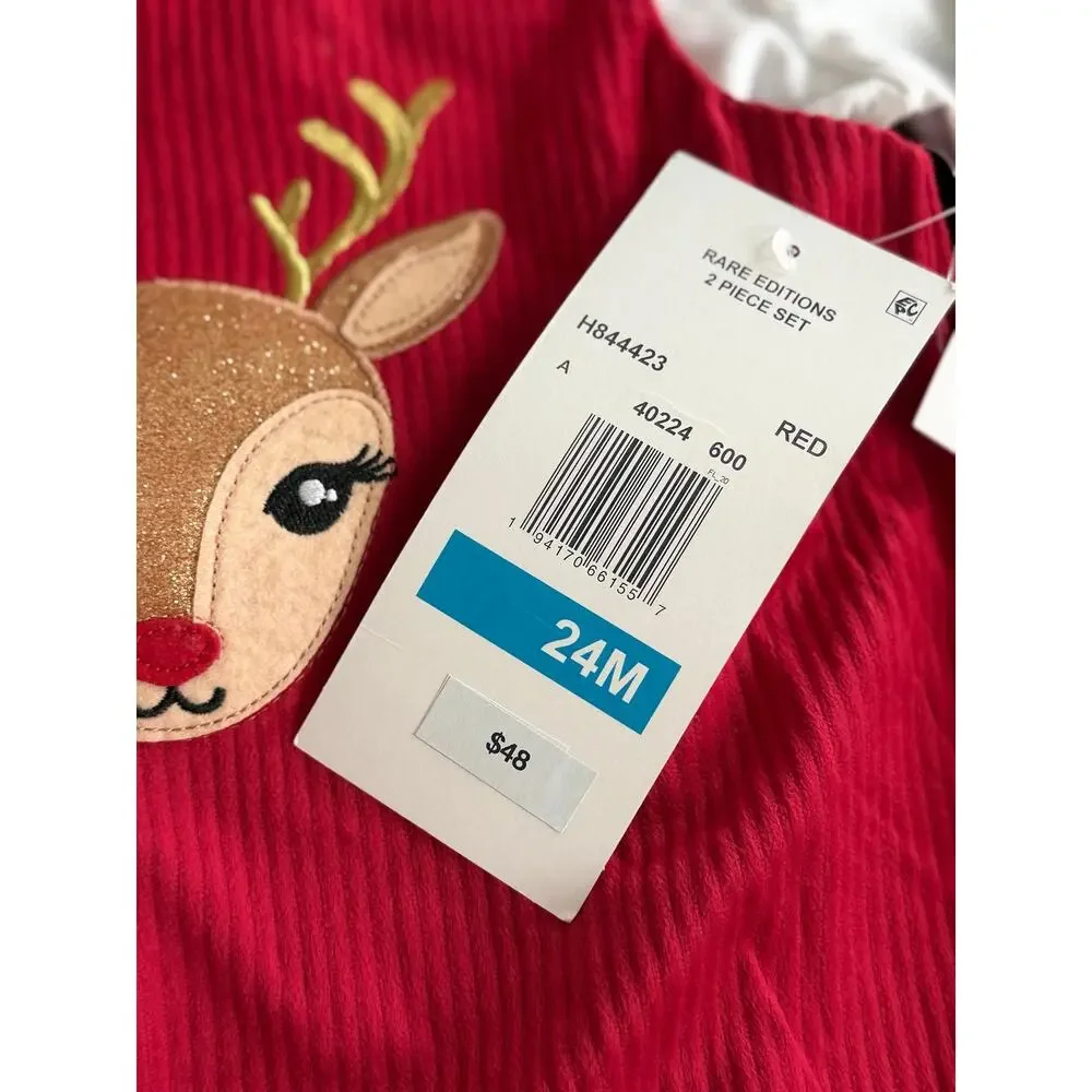 NEW! Rare Editions Reindeer Baby Girls Plaid 2PC Dress Set 24M Red / White